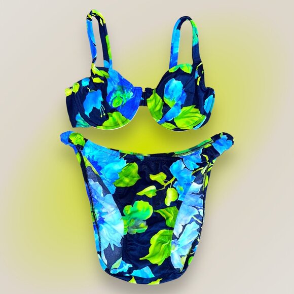 90's Romantic Floral Swimsuit Underwire Matching Bikini Set | Vintage Boho - Picture 1 of 4